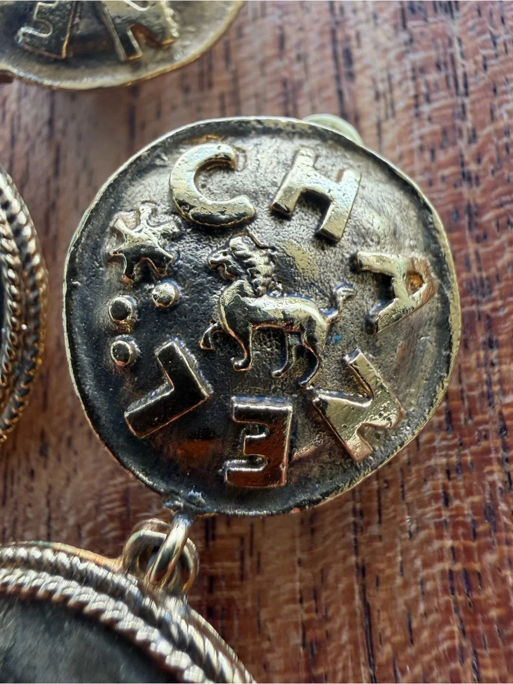 CHANEL | Vintage Gold-plated Double Drop Logo and Lion Clip-On Earrings 2” - Picture 5 of 9